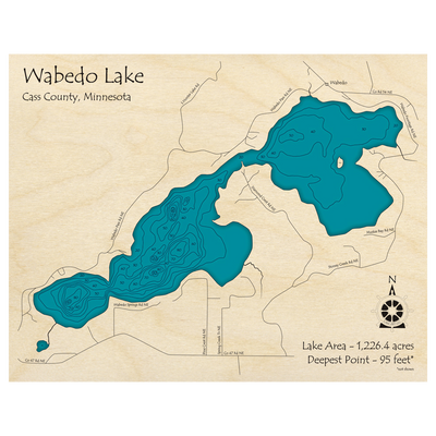 Bathymetric topo map of Wabedo Lake, MN with roads, towns and depths noted in blue water.