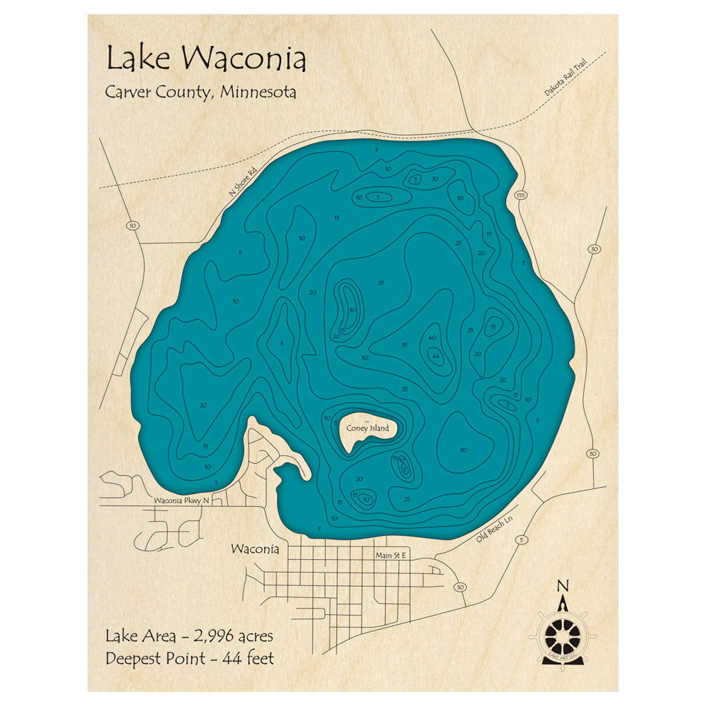 Bathymetric topo map of Lake Waconia, MN with roads, towns and depths noted in blue water.