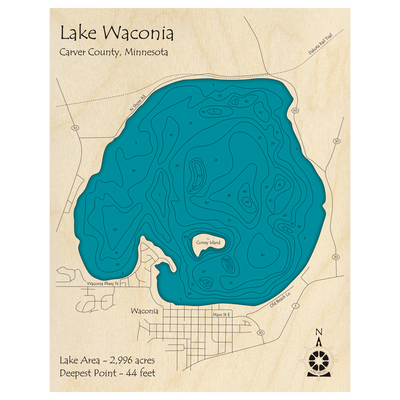 Bathymetric topo map of Lake Waconia, MN with roads, towns and depths noted in blue water.