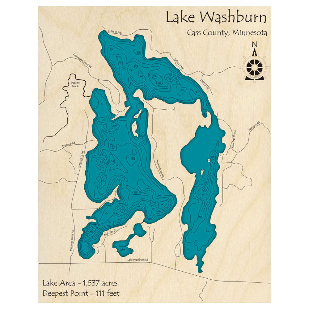 Bathymetric topo map of Washburn Lake, MN with roads, towns and depths noted in blue water.