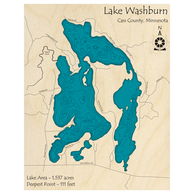 Bathymetric topo map of Washburn Lake, MN with roads, towns and depths noted in blue water.