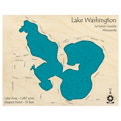 Bathymetric topo map of Lake Washington, MN with roads, towns and depths noted in blue water.
