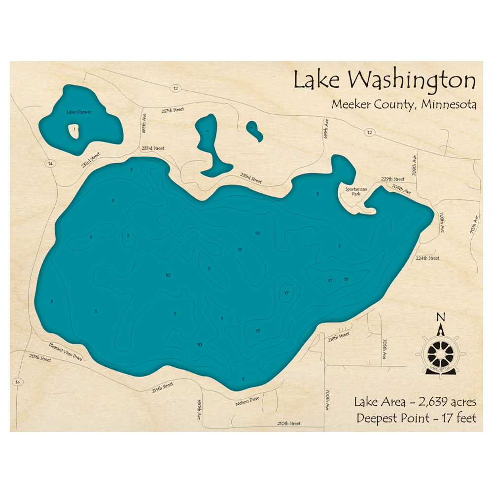 Bathymetric topo map of Lake Washington, MN with roads, towns and depths noted in blue water.