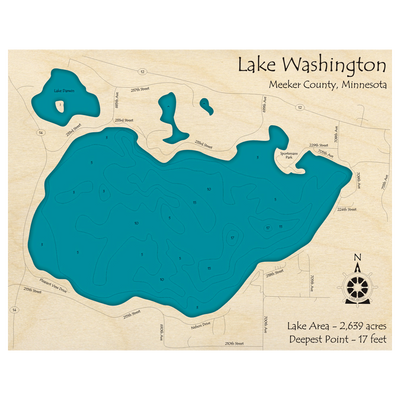 Bathymetric topo map of Lake Washington, MN with roads, towns and depths noted in blue water.