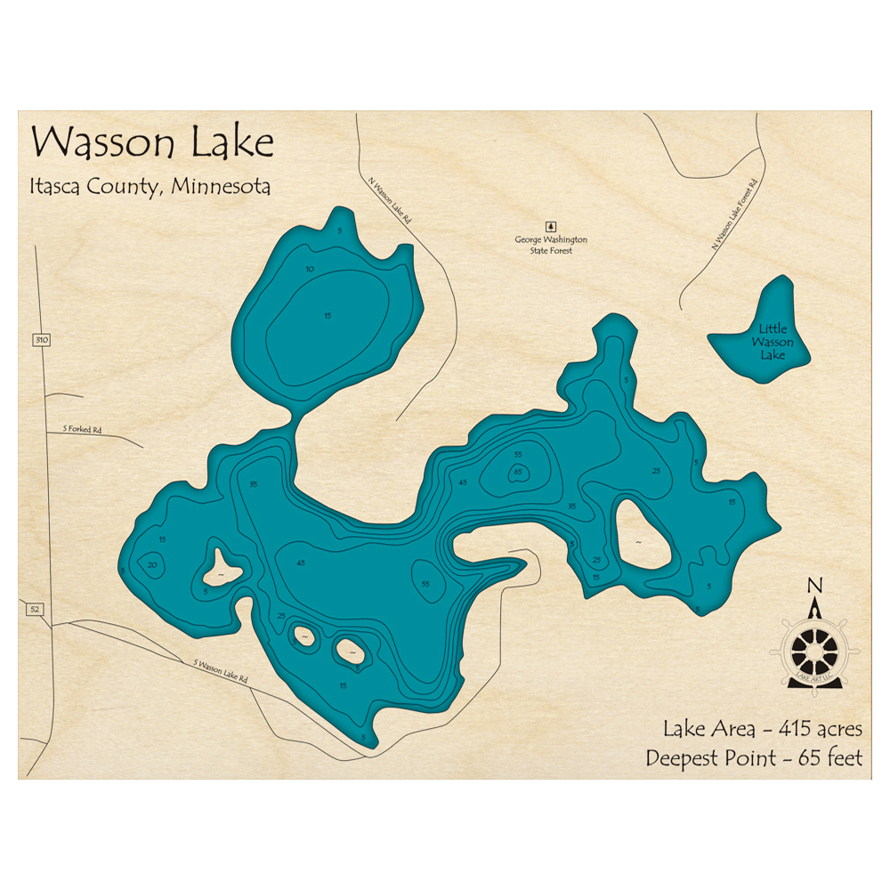Bathymetric topo map of Wasson Lake, MN with roads, towns and depths noted in blue water.