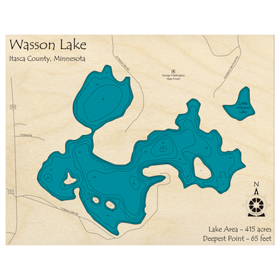Bathymetric topo map of Wasson Lake, MN with roads, towns and depths noted in blue water.