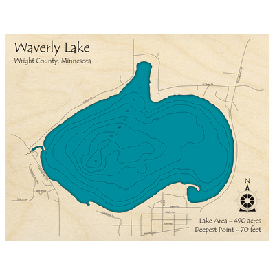 Bathymetric topo map of Waverly Lake, MN with roads, towns and depths noted in blue water.