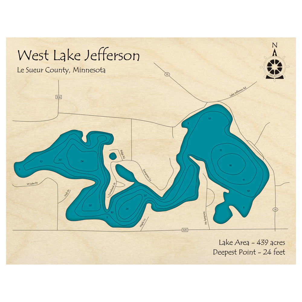 Bathymetric topo map of West Lake Jefferson, MN with roads, towns and depths noted in blue water.
