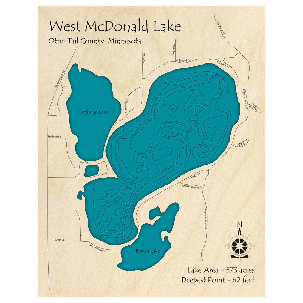 Bathymetric topo map of McDonald Lake, MN with roads, towns and depths noted in blue water.