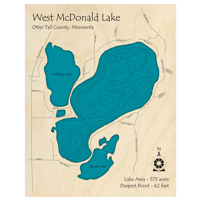 Bathymetric topo map of McDonald Lake, MN with roads, towns and depths noted in blue water.