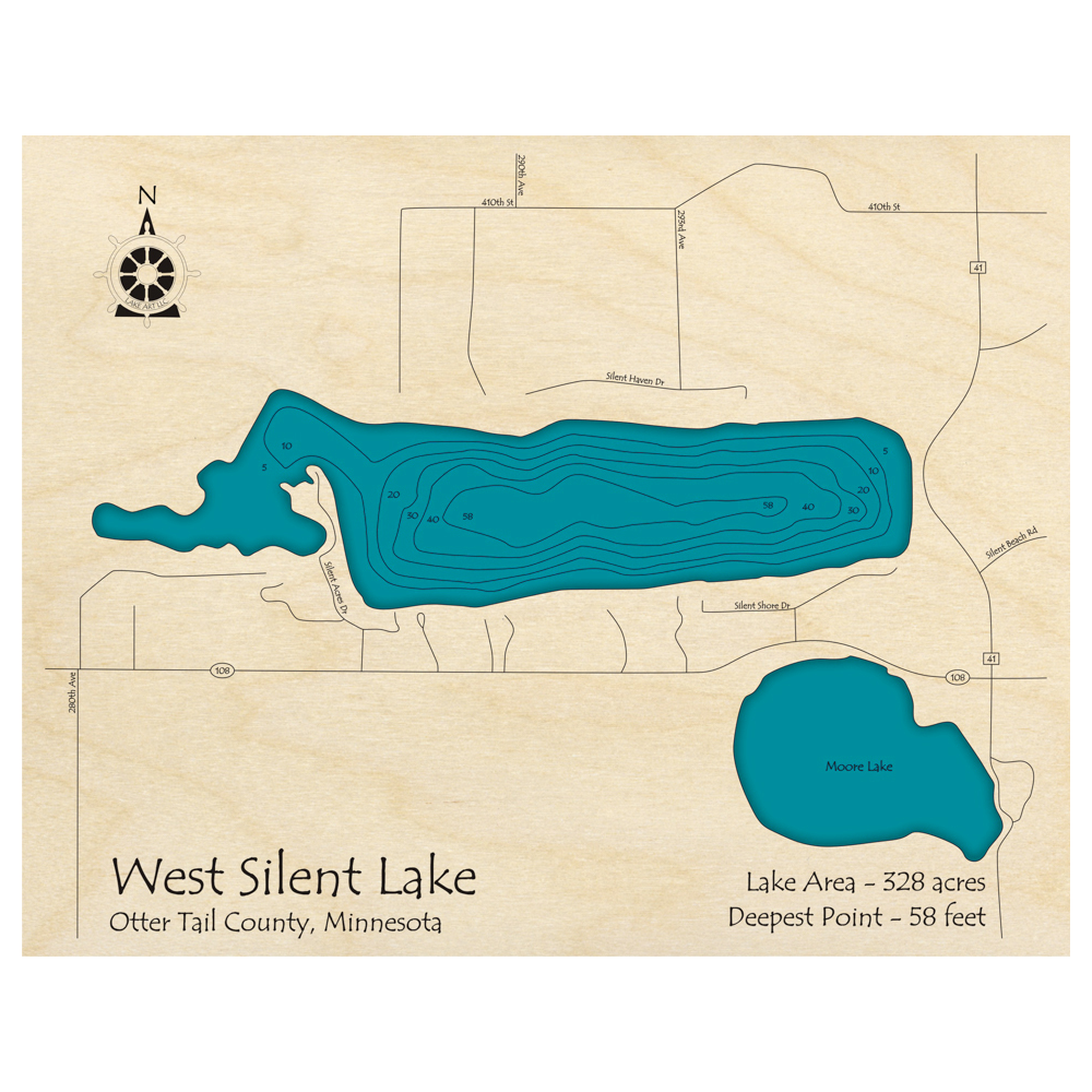Bathymetric topo map of Silent Lake, MN with roads, towns and depths noted in blue water.