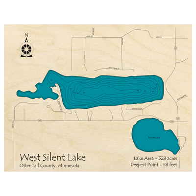 Bathymetric topo map of Silent Lake, MN with roads, towns and depths noted in blue water.