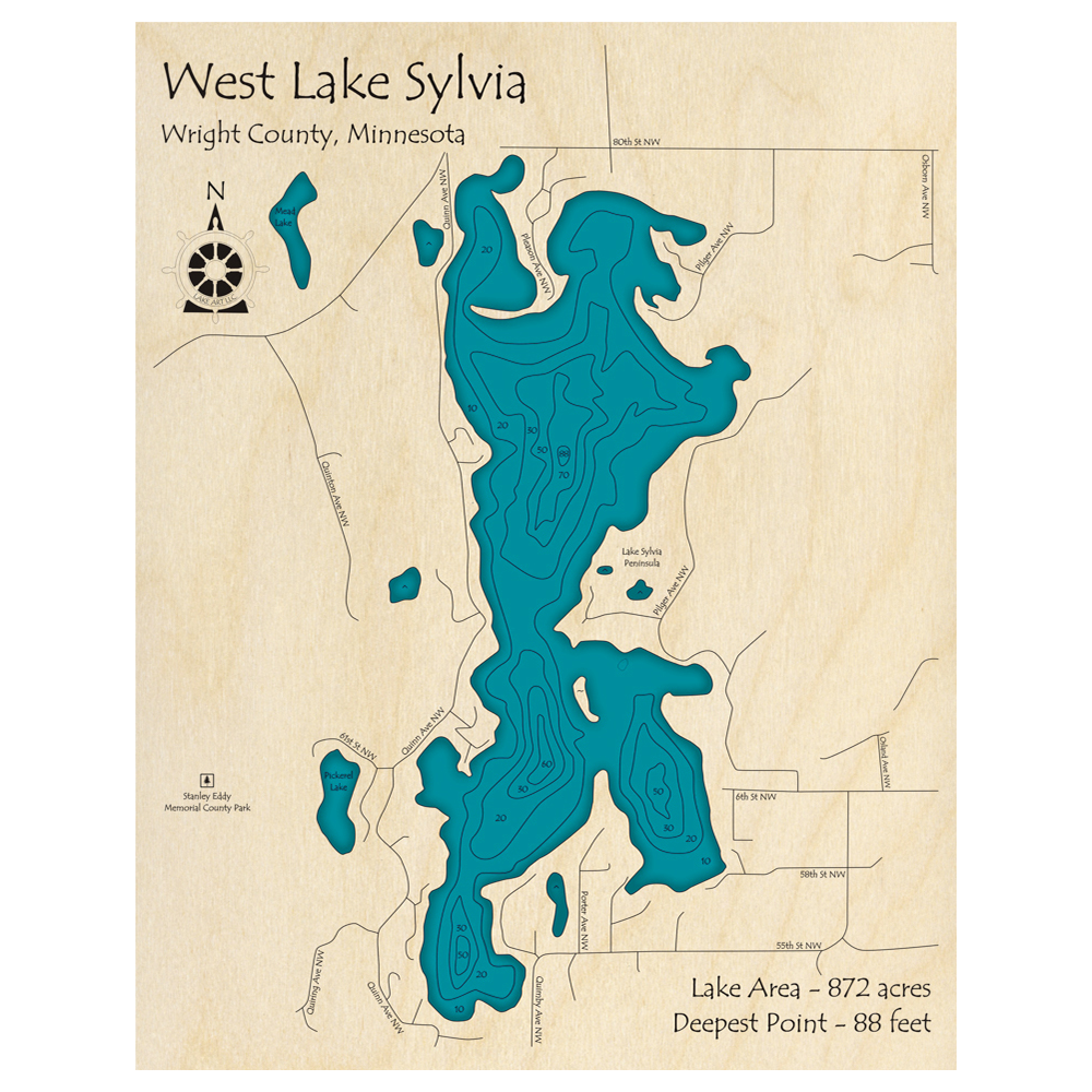 Bathymetric topo map of West Lake Sylvia, MN with roads, towns and depths noted in blue water.