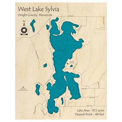 Bathymetric topo map of West Lake Sylvia, MN with roads, towns and depths noted in blue water.