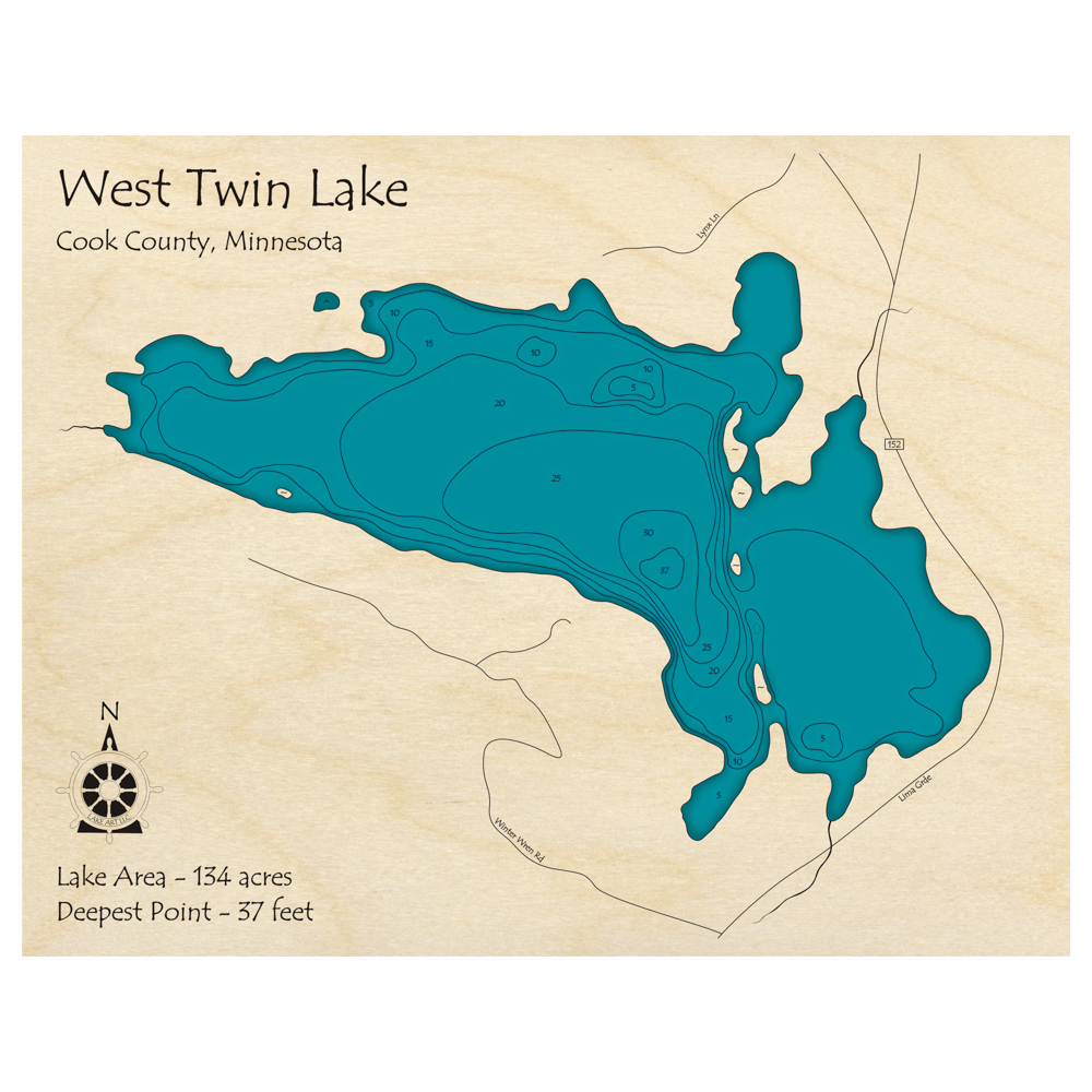 Bathymetric topo map of West Twin Lake, MN with roads, towns and depths noted in blue water.