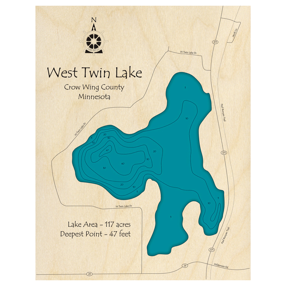 Bathymetric topo map of Twin Lake, MN with roads, towns and depths noted in blue water.