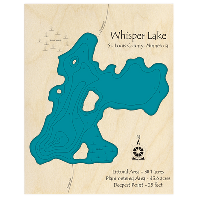 Bathymetric topo map of Whisper Lake, MN with roads, towns and depths noted in blue water.
