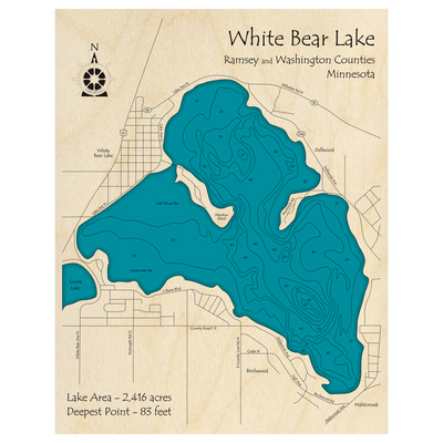 Bathymetric topo map of White Bear Lake, MN with roads, towns and depths noted in blue water.