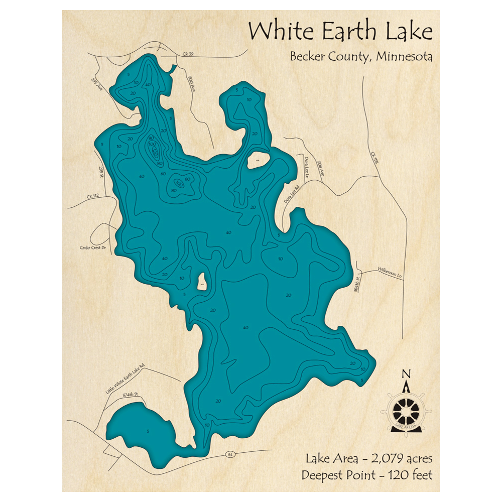 Bathymetric topo map of White Earth Lake, MN with roads, towns and depths noted in blue water.