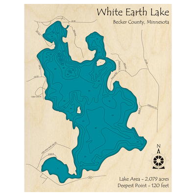 Bathymetric topo map of White Earth Lake, MN with roads, towns and depths noted in blue water.