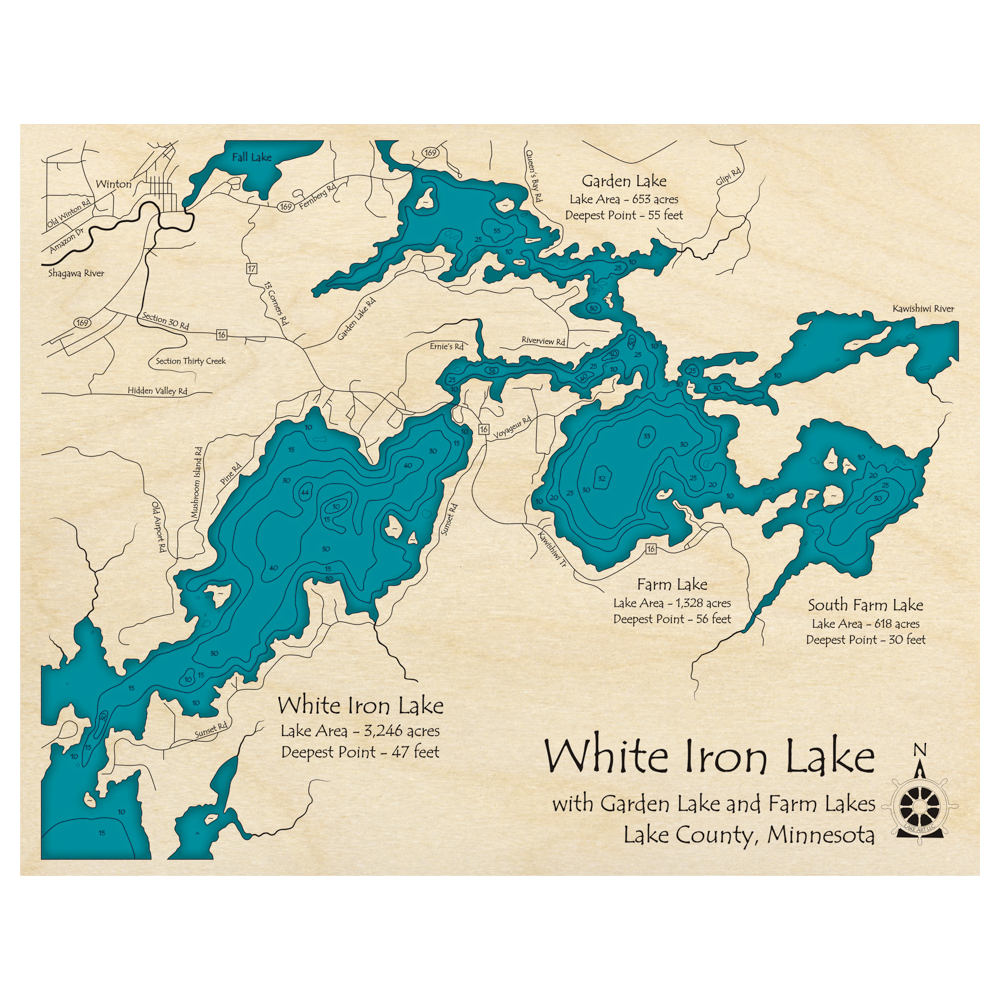 Bathymetric topo map of White Iron with Farm and Garden Lakes, MN with roads, towns and depths noted in blue water.