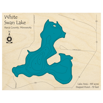 Bathymetric topo map of White Swan Lake, MN with roads, towns and depths noted in blue water.