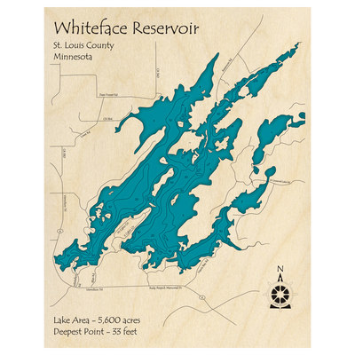 Bathymetric topo map of Whiteface Reservoir, MN with roads, towns and depths noted in blue water.