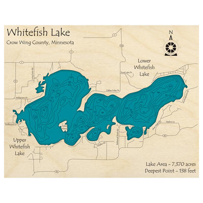 Bathymetric topo map of Whitefish Lake, MN with roads, towns and depths noted in blue water.