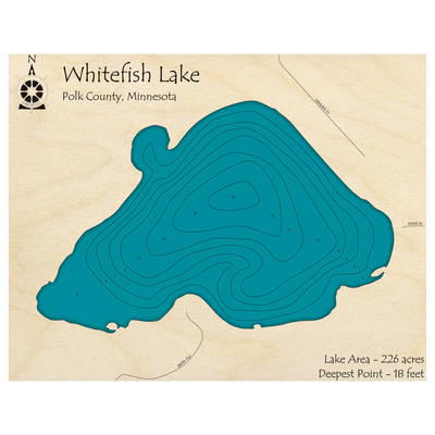 Bathymetric topo map of Whitefish Lake, MN with roads, towns and depths noted in blue water.