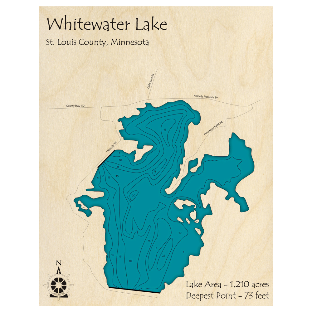 Bathymetric topo map of Whitewater Lake, MN with roads, towns and depths noted in blue water.