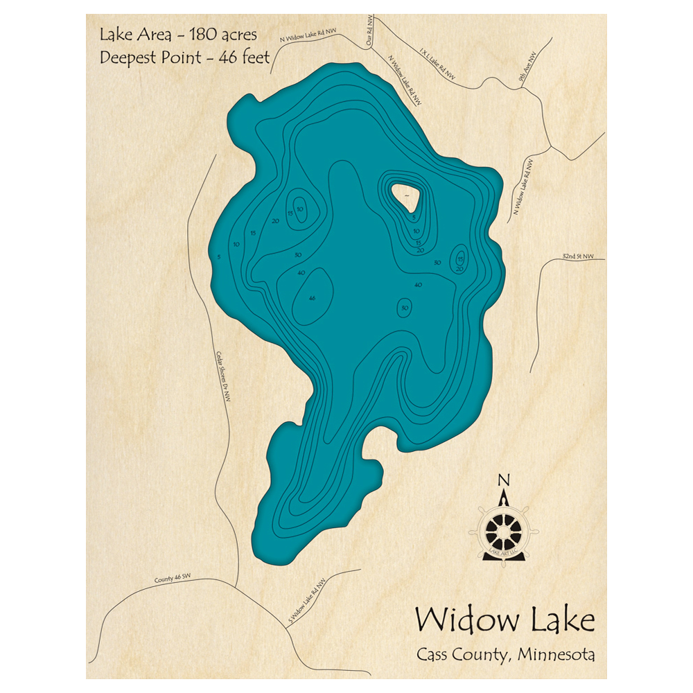 Bathymetric topo map of Widow Lake, MN with roads, towns and depths noted in blue water.