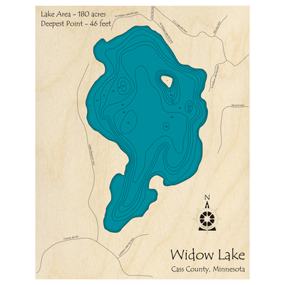 Bathymetric topo map of Widow Lake, MN with roads, towns and depths noted in blue water.