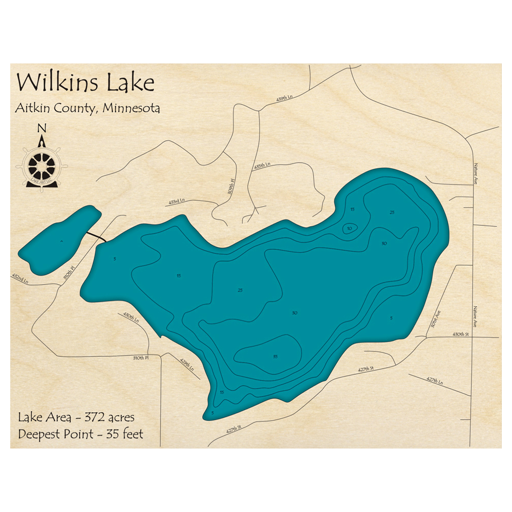Bathymetric topo map of Wilkins Lake, MN with roads, towns and depths noted in blue water.