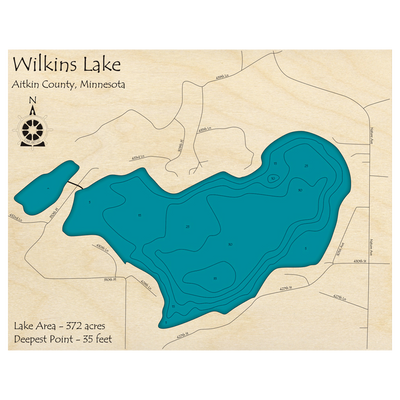 Bathymetric topo map of Wilkins Lake, MN with roads, towns and depths noted in blue water.