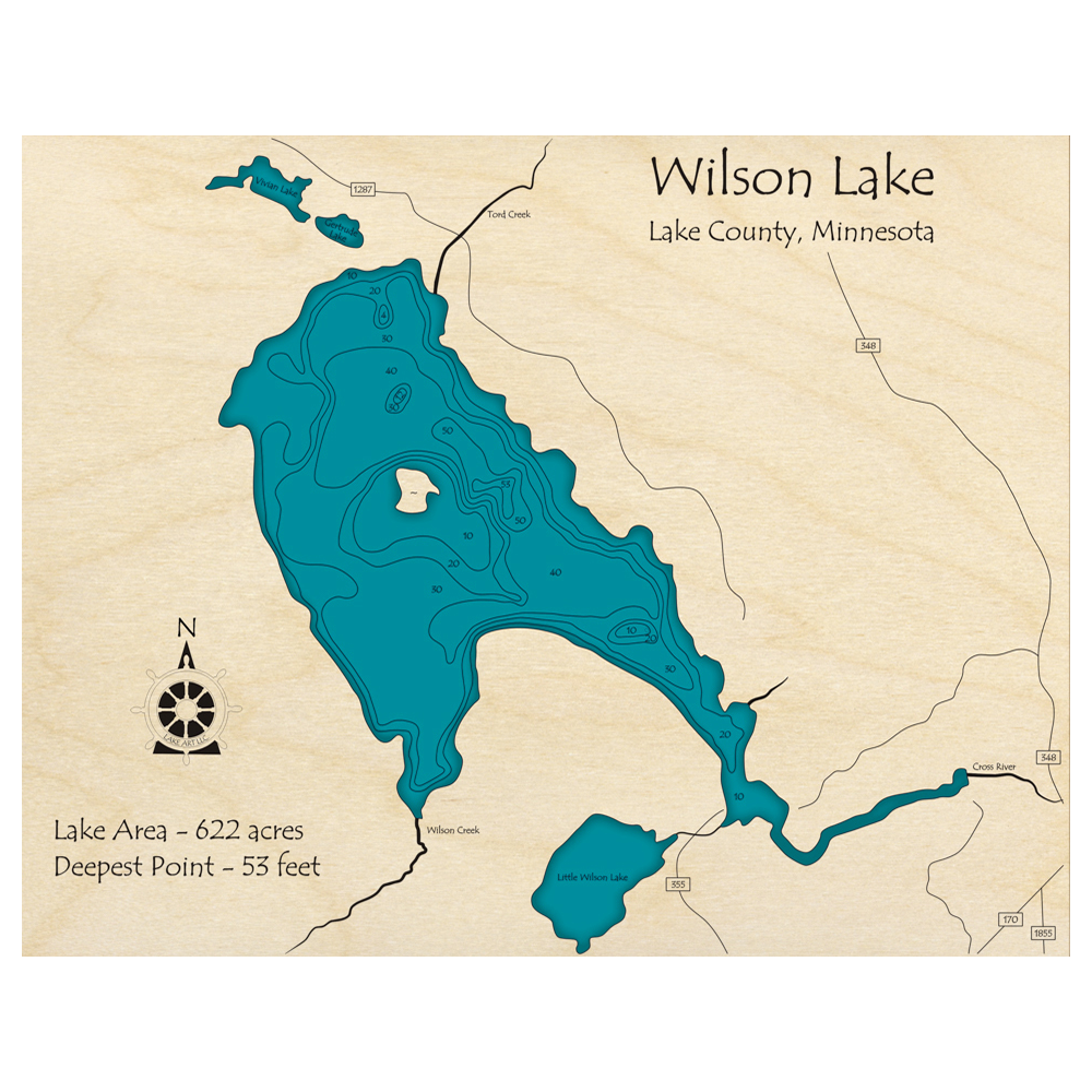 Bathymetric topo map of Wilson Lake, MN with roads, towns and depths noted in blue water.
