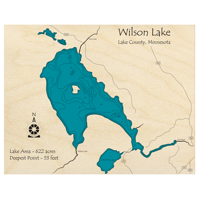 Bathymetric topo map of Wilson Lake, MN with roads, towns and depths noted in blue water.
