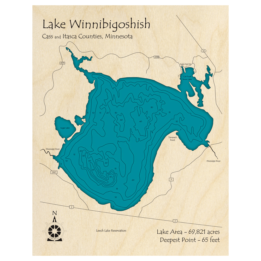 Bathymetric topo map of Lake Winnibigoshish, MN with roads, towns and depths noted in blue water.
