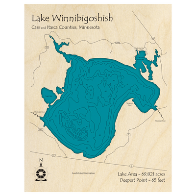Bathymetric topo map of Lake Winnibigoshish, MN with roads, towns and depths noted in blue water.