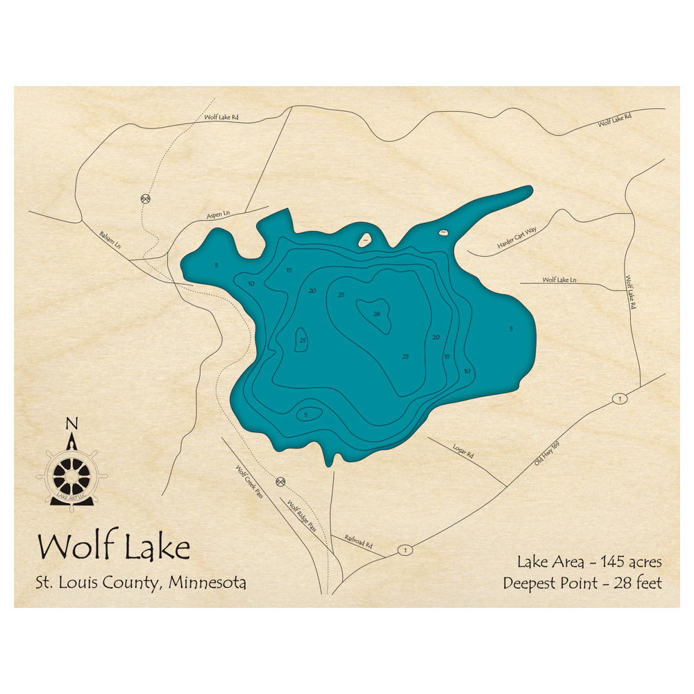 Bathymetric topo map of Wolf Lake, MN with roads, towns and depths noted in blue water.