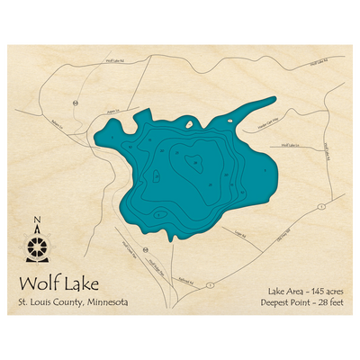 Bathymetric topo map of Wolf Lake, MN with roads, towns and depths noted in blue water.