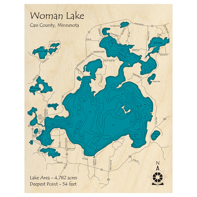 Bathymetric topo map of Woman Lake, MN with roads, towns and depths noted in blue water.