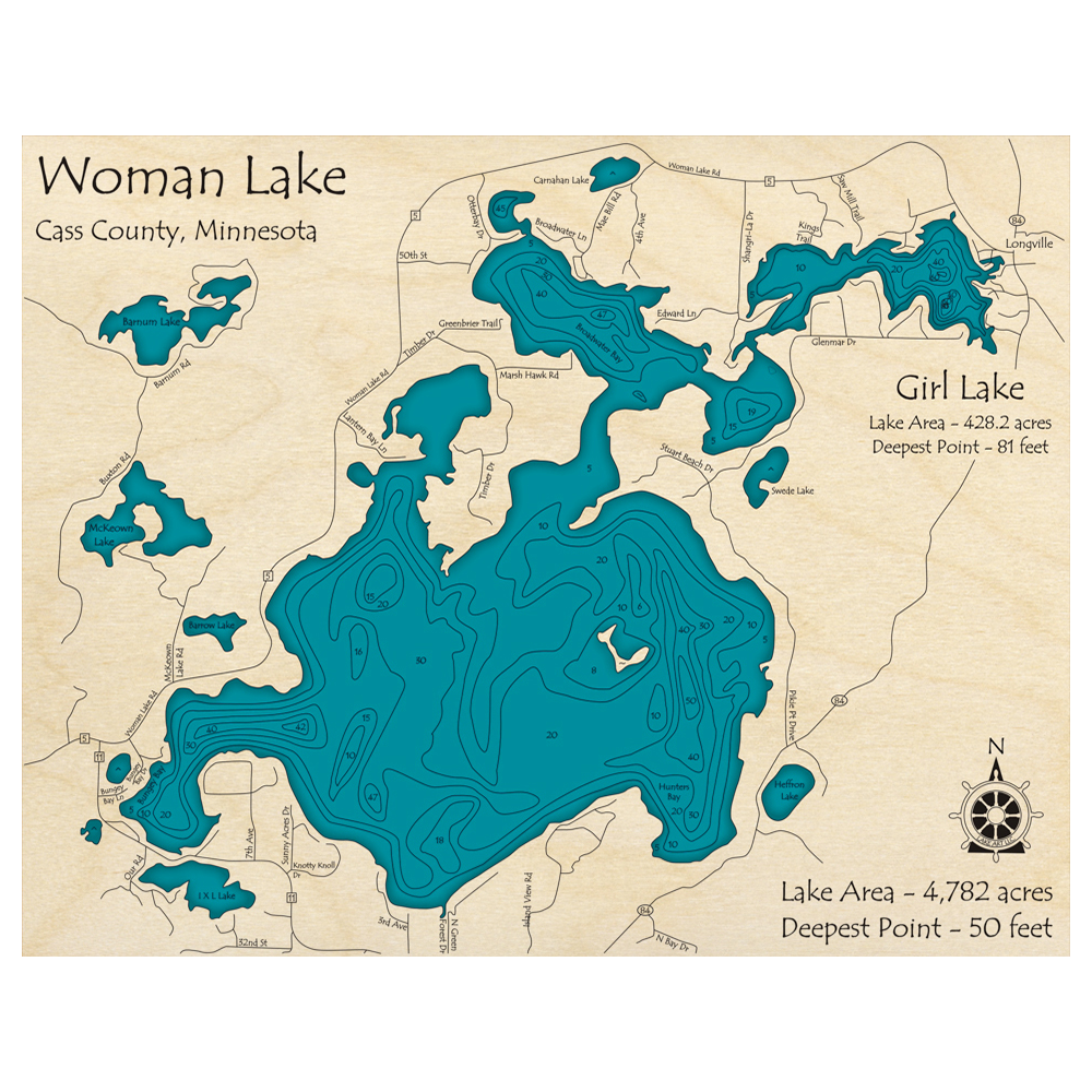 Bathymetric topo map of Woman Lake with Girl Lake, MN with roads, towns and depths noted in blue water.
