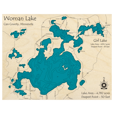 Bathymetric topo map of Woman Lake with Girl Lake, MN with roads, towns and depths noted in blue water.