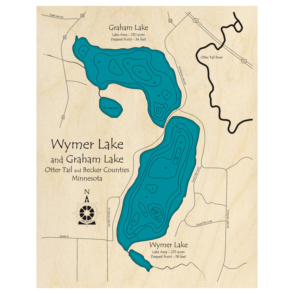 Bathymetric topo map of Wymer Lake with Graham Lake, MN with roads, towns and depths noted in blue water.