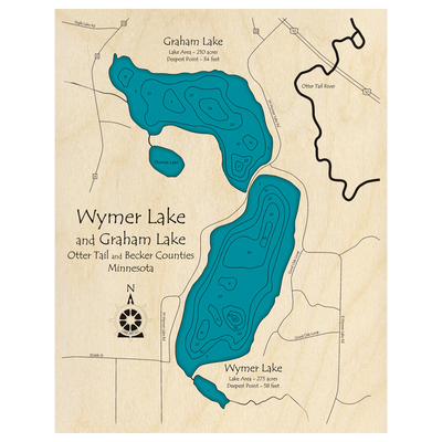Bathymetric topo map of Wymer Lake with Graham Lake, MN with roads, towns and depths noted in blue water.