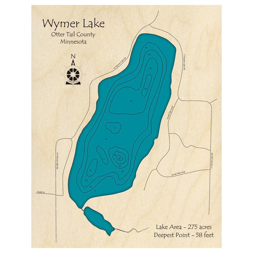 Bathymetric topo map of Wymer Lake, MN with roads, towns and depths noted in blue water.