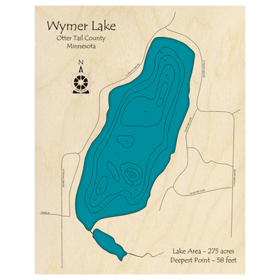 Bathymetric topo map of Wymer Lake, MN with roads, towns and depths noted in blue water.