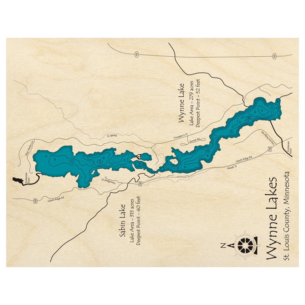 Bathymetric topo map of Wynne Lake, MN with roads, towns and depths noted in blue water.