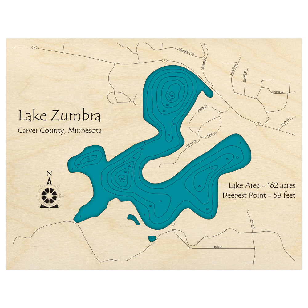 Bathymetric topo map of Lake Zumbra, MN with roads, towns and depths noted in blue water.