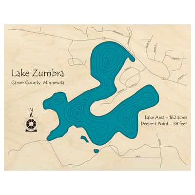 Bathymetric topo map of Lake Zumbra, MN with roads, towns and depths noted in blue water.